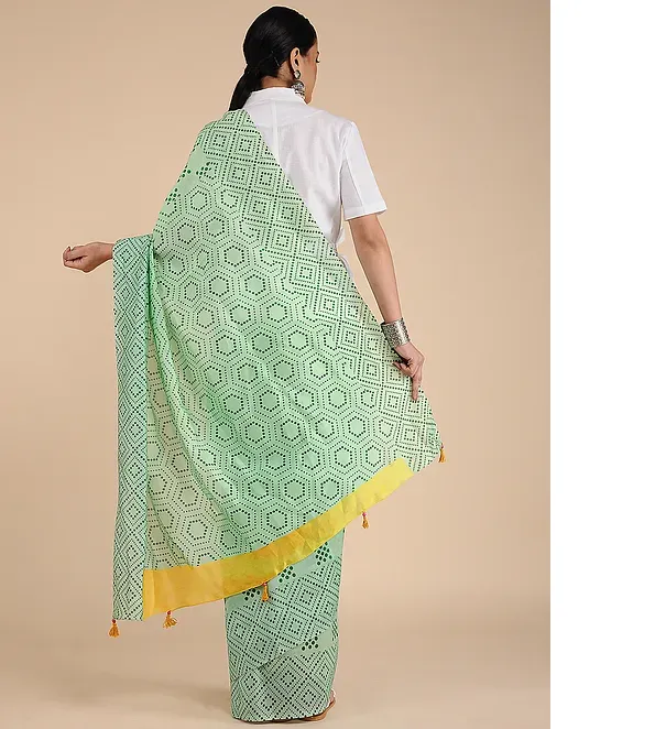 ACQUA GREEN HANDWOVEN CHANDERI SILK SAREE IN GEOMETRIC PRINTS