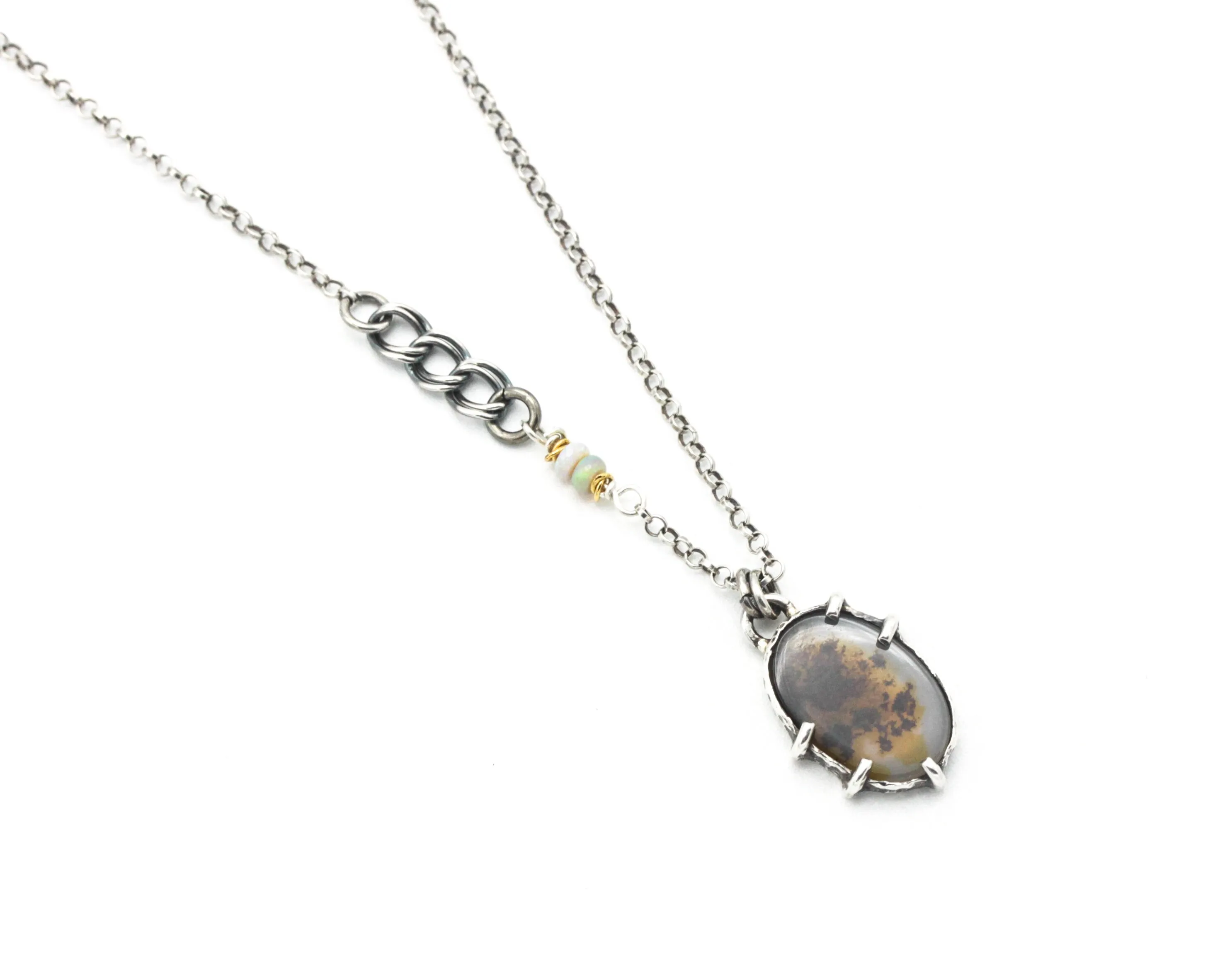 Autumn forest dendritic quartz pendant necklace in sterling silver prongs setting with sterling silver chain