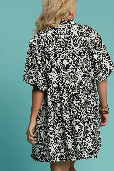 Black Abstract Print Puff Sleeve Dress