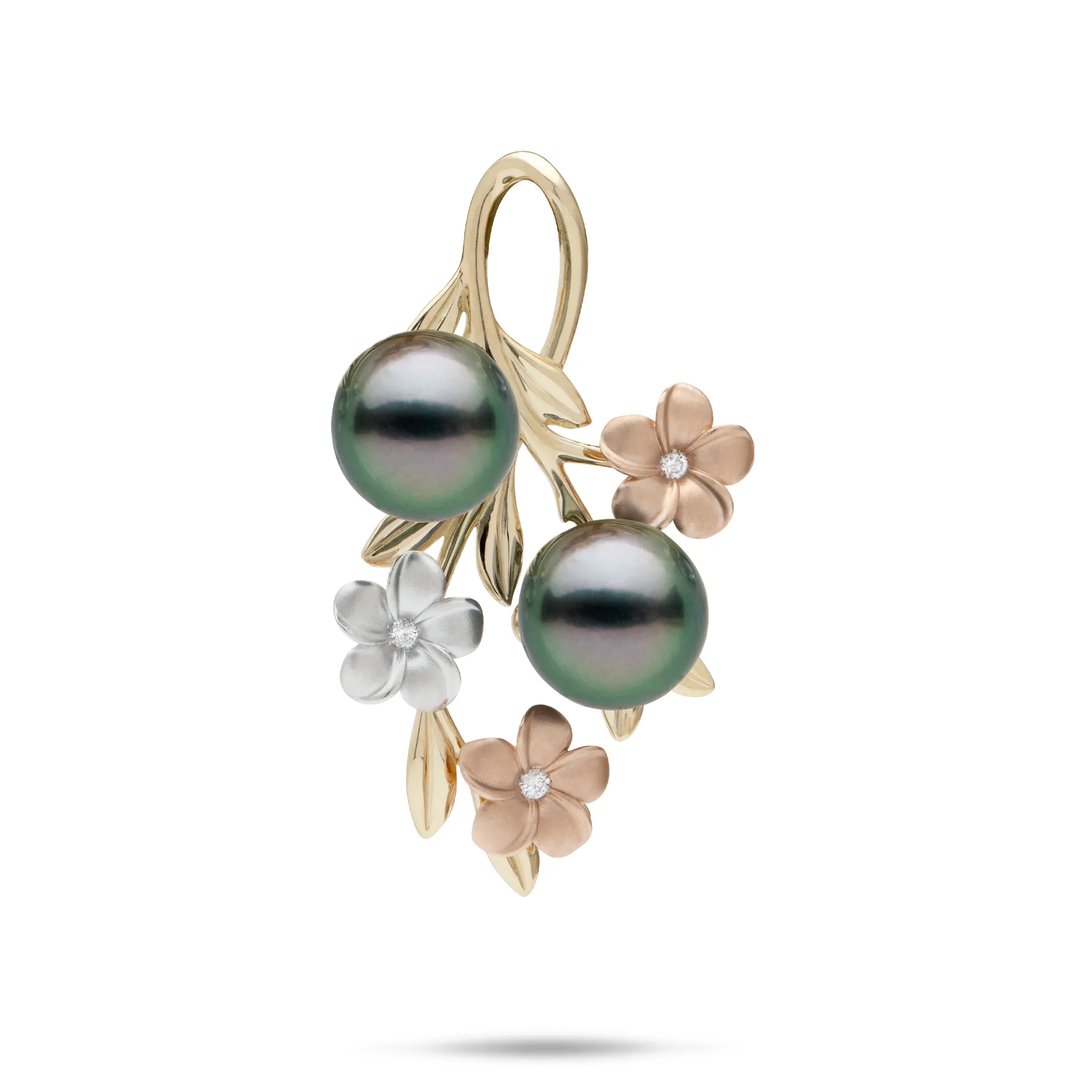 Pearls in Bloom Plumeria Tahitian Black Pearl Pendant in Tri Color Gold with Diamonds - 36mm