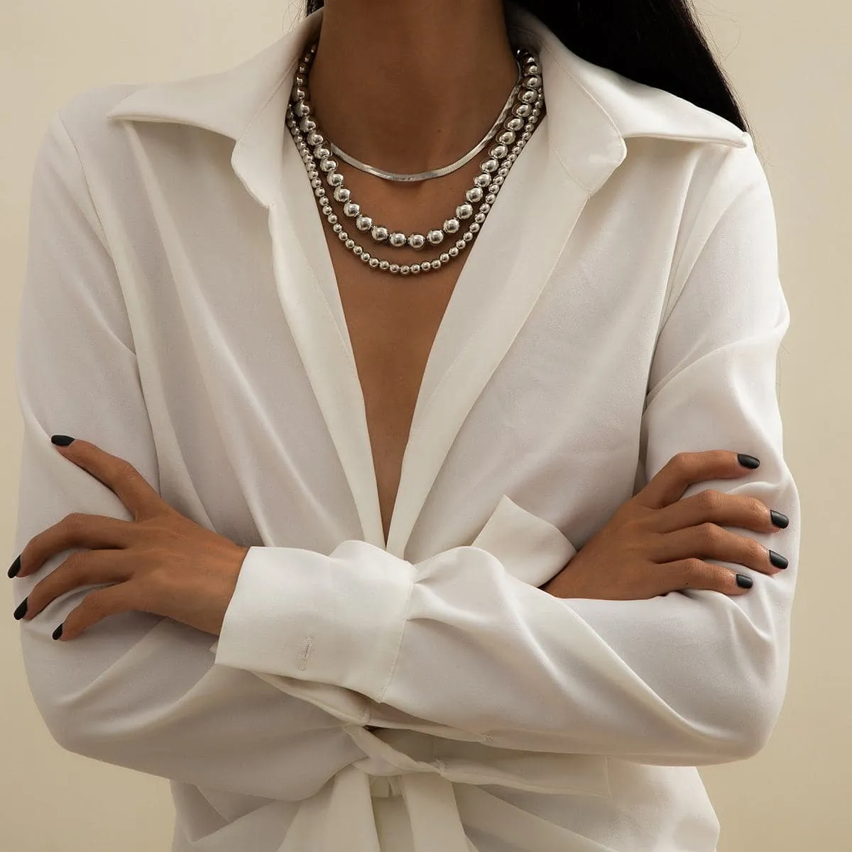 Silver-Plated Herringbone Chain Choker Necklace Set