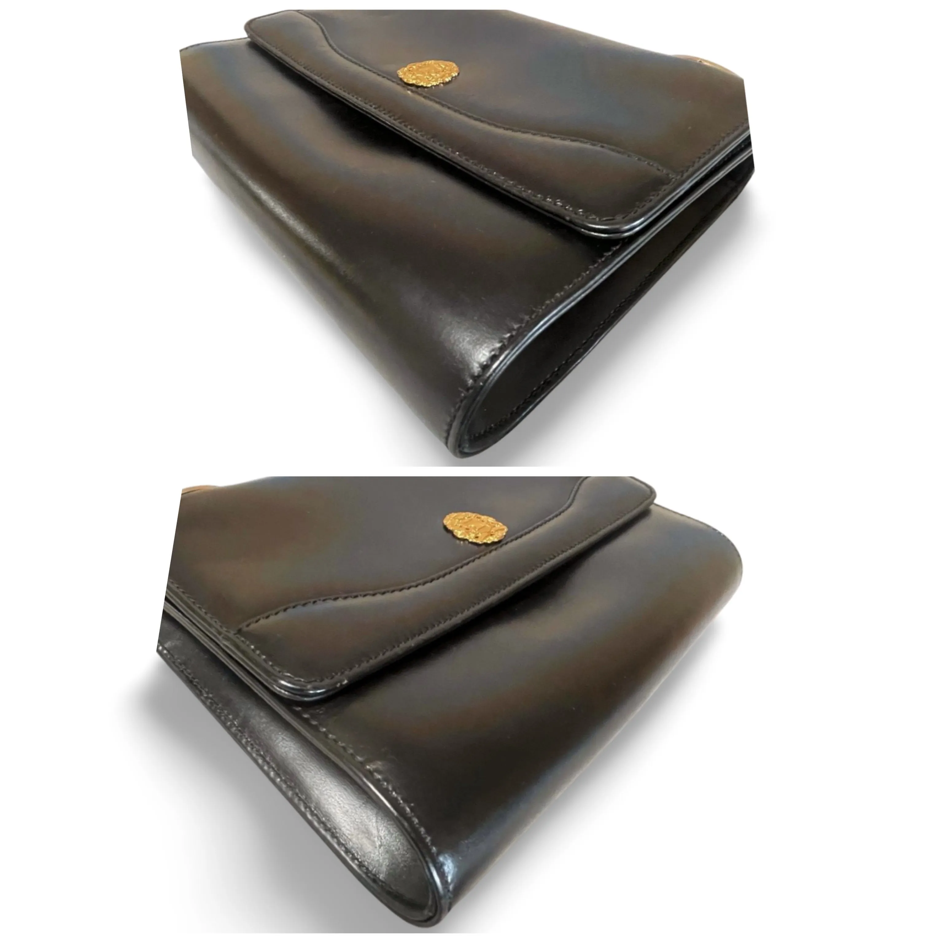 Vintage CELINE black leather shoulder bag with golden triomphe logo motif. Rare Celine purse. 060723ac4